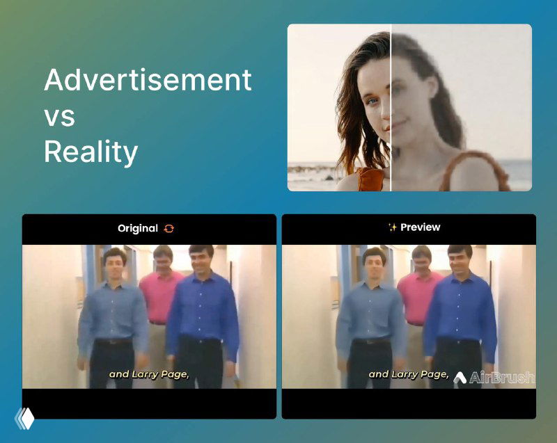 Side-by-side frames labeled 'Advertisement vs Reality', showing original low-res VHS/Nokia footage and an AI-generated upscaling preview.