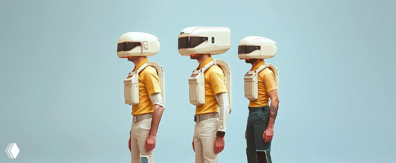 Three people in profile wearing white retro-futuristic helmet-like VR headsets, standing in a pale studio; conceptual photo evoking uniform AI agents and model sameness.