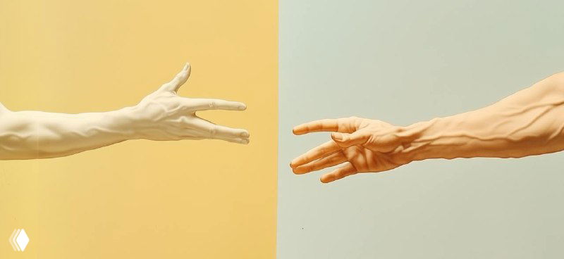 Stylized image of two sculpted hands reaching toward each other on split yellow-blue background, evoking AI collaboration.