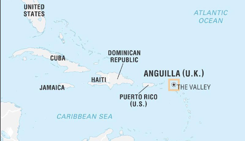 Map of the eastern Caribbean showing Anguilla (U.K.) and nearby islands such as Puerto Rico, the Virgin Islands and St. Kitts.