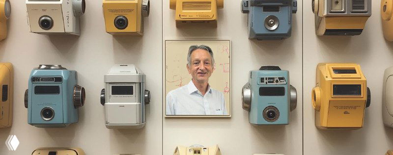 Vintage telephone handsets mounted on a wall in orderly rows around a central framed portrait of a smiling man, retro motif.