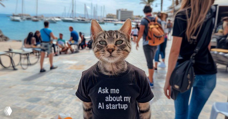A photo of a cat-faced character at a marina, wearing a black 'Ask me about my AI startup' t-shirt, with people and boats