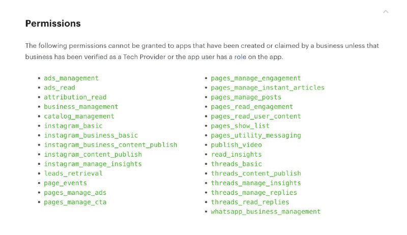 Screenshot of a permissions/settings list for Meta/WhatsApp Business integration showing API permission names and options in a white interface.