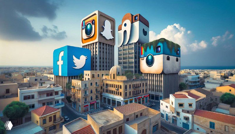 Cityscape with large social media icons (Facebook, Twitter, Instagram) on cubes above buildings, symbolizing platform choice.