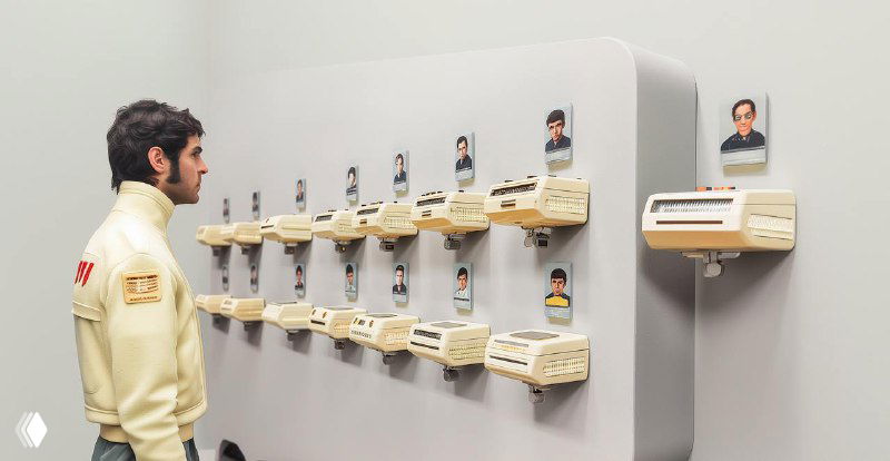 Man standing before a wall-mounted installation of multiple vintage devices with small portrait photos above each unit, a conceptual scene evoking profiling and identity checks.