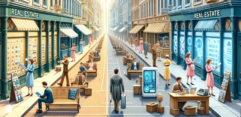 City street with real estate storefronts and people using smartphones, implying AI-driven shifts in the property market.