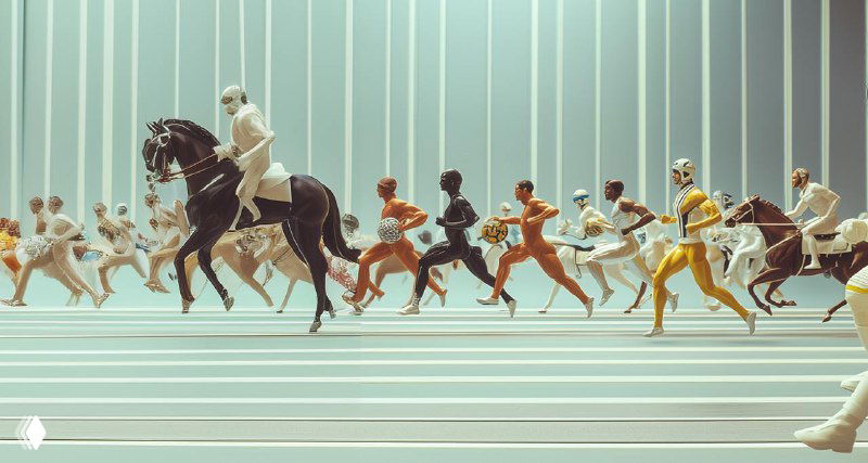 Runners in colorful outfits sprint beside a rider on a black horse in a stylized striped arena; surreal, evoking competition.