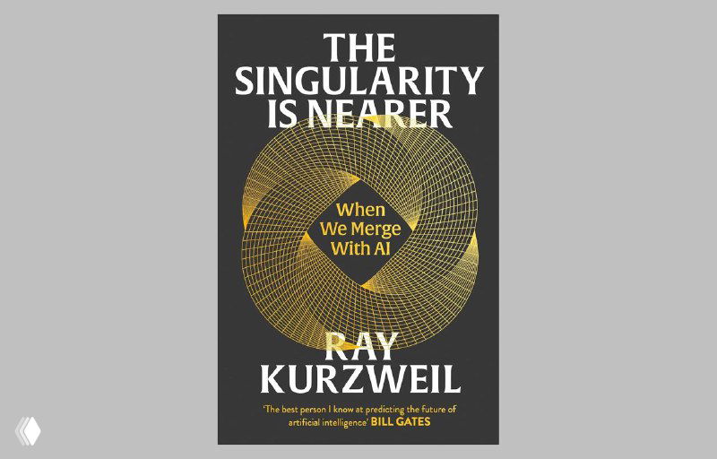 Cover of Ray Kurzweil's 2024 book 'The Singularity Is Nearer' with a gold spiral motif and bold title on a dark gray background.