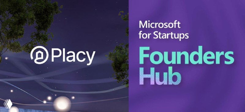 Banner image showing Placy logo alongside Microsoft for Startups Founders Hub branding, purple gradient background and text indicating Level 2 program benefits.