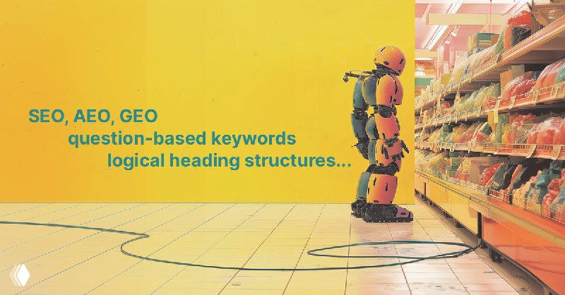 A robot stands in a brightly lit supermarket aisle next to shelves, illustrating AI bots taking over search and the shift from human search to AI-driven discovery.