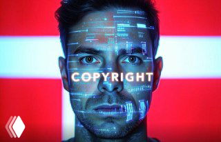Close-up portrait with digital holographic overlays and the word 'COPYRIGHT' across the face, illustrating deepfakes, identity and legal rights in the AI era.