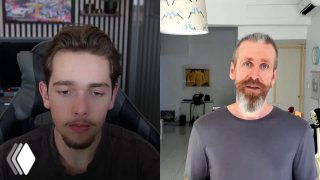 Split-screen video thumbnail showing two men in a podcast: a younger man on the left and a bearded man on the right in a bright room setting