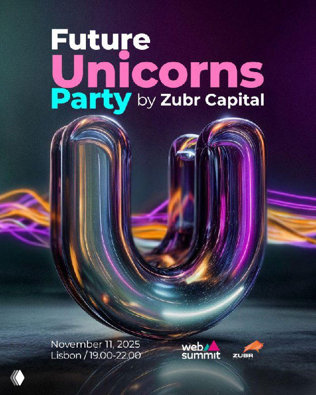 Promotional poster for Future Unicorns Party by Zubr Capital showing a glossy metallic 'U', Web Summit branding and event date November 11, Lisbon.