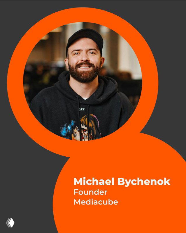 Portrait of Michael Bychenok inside an orange circular frame, labelled Founder of Mediacube; speaker image from the Future Unicorns promo.