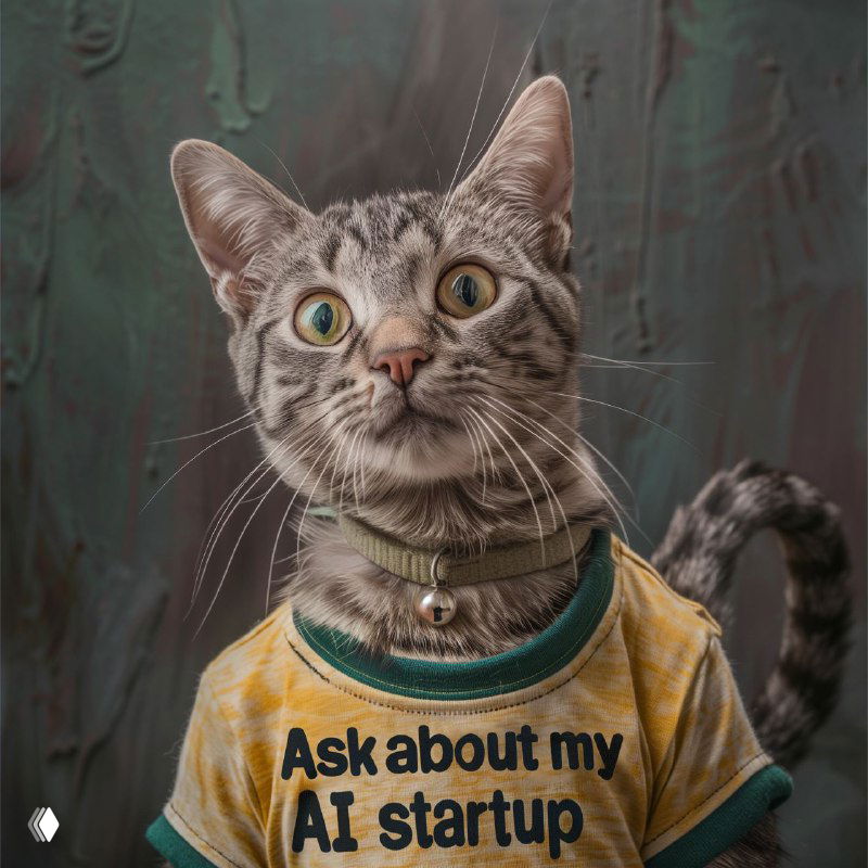 Grey tabby cat in a yellow T-shirt reading 'Ask about my AI startup', studio-style portrait conveying playful startup humor and mascot-like tone.