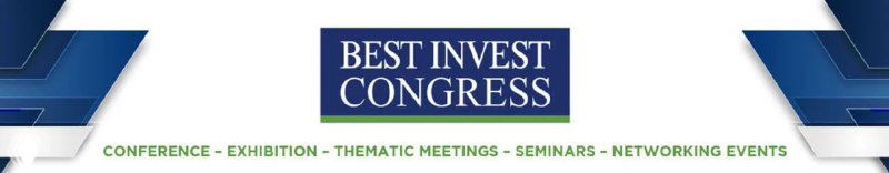 Conference banner reading 'BEST INVEST CONGRESS' with blue geometric graphics and a header strip, visual promoting an investment event in Cyprus.