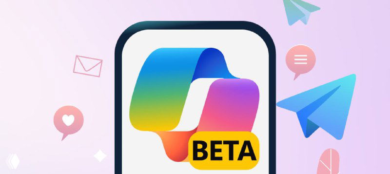 Copilot beta icon shown in a smartphone frame, surrounded by Telegram paper-plane icons and chat-bubble symbols on a backdrop.