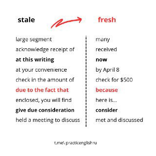 Инфографика с двумя колонками «stale» и «fresh»: примеры устаревших и современных английских фраз для деловой переписки, подчёркнуты замены.