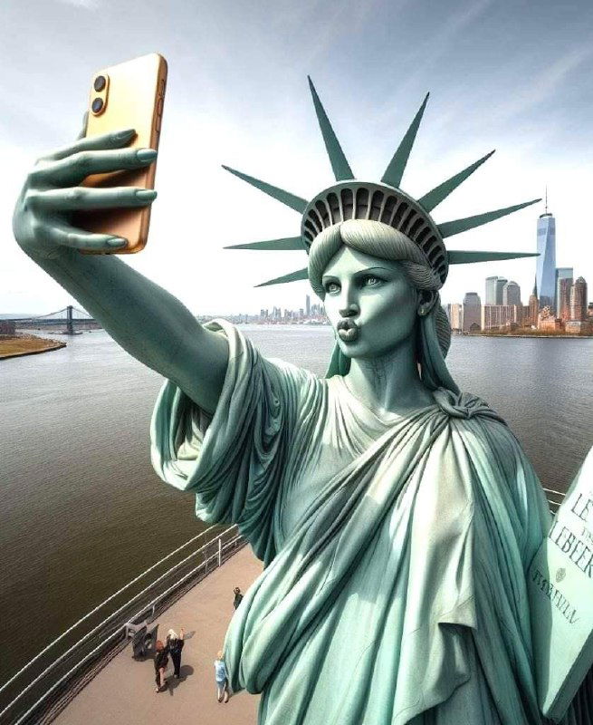 Изображение Статуи Свободы в стиле мем: фигура делает селфи на смартфон на фоне горизонта Нью-Йорка, карикатура