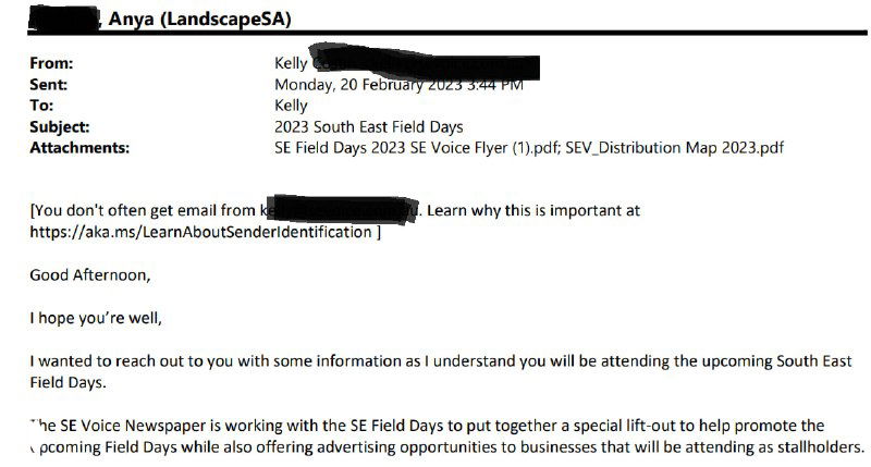 Скриншот реального служебного письма: поля From, Sent, To, Subject и часть текста письма с примерами приветствий и служебной информацией.