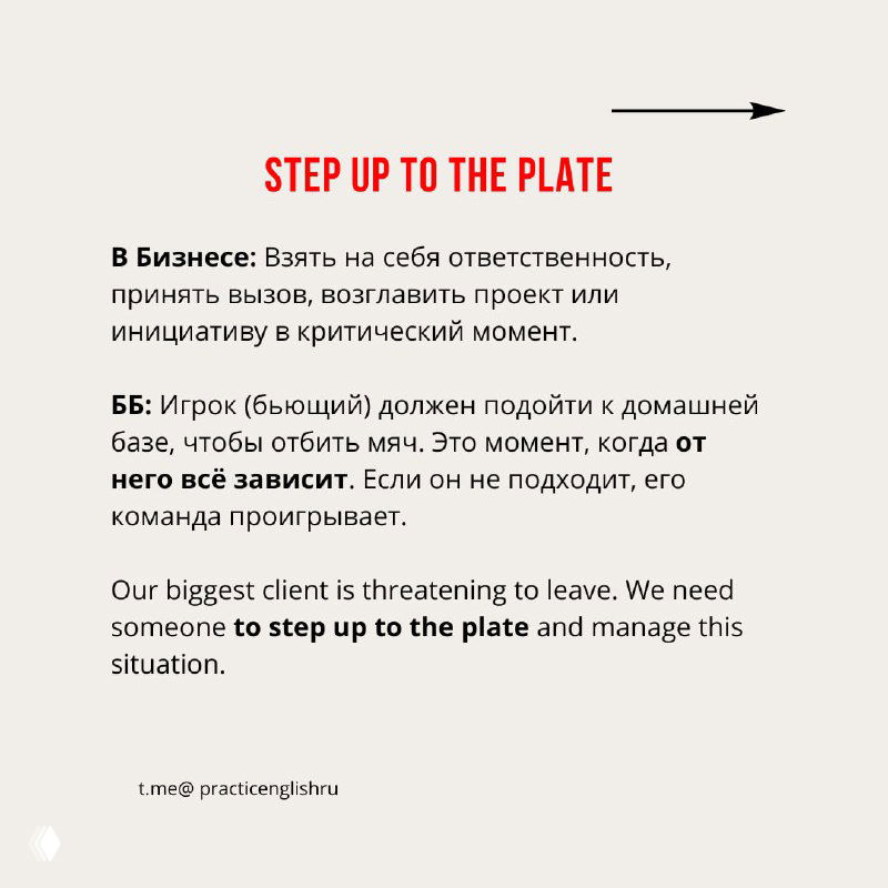 Слайд с заголовком «STEP UP TO THE PLATE», объяснение значения в бизнесе на русском и пример на английском о взятии ответственности в критический момент.