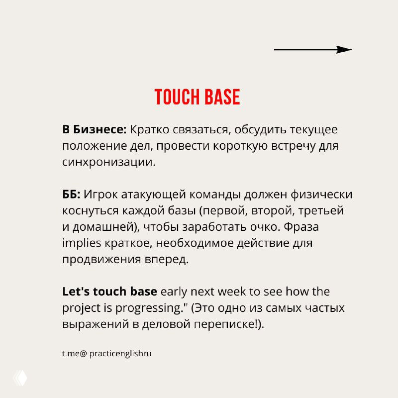 Слайд с заголовком «TOUCH BASE», русское объяснение и пример на английском о быстрой синхронизации и короткой встрече для проверки статуса дел.