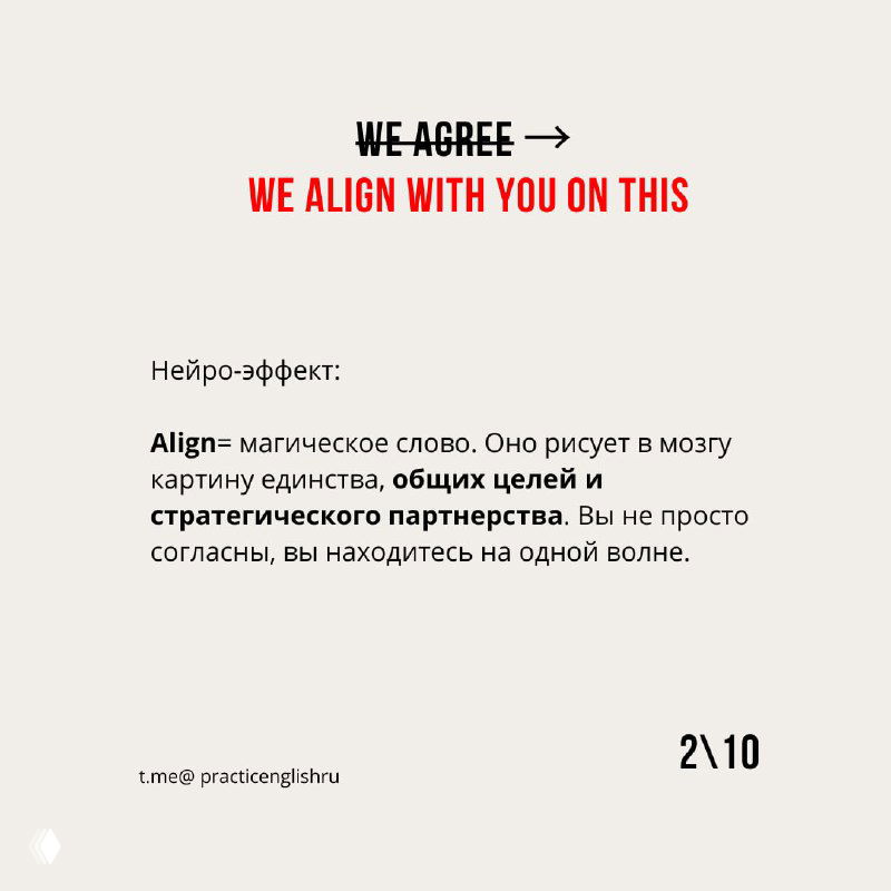 Слайд с фразой «We align with you on this» и объяснением: создание образа единства, общих целей и стратегического партнёрства.