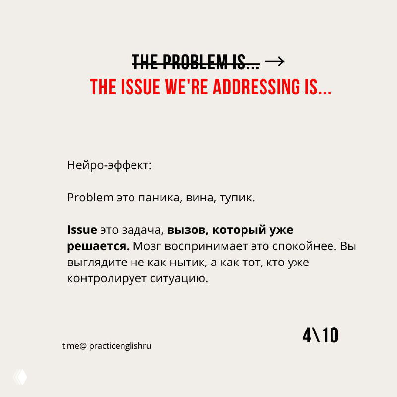 Слайд с фразами «Problem» и «Issue» и объяснением различий: «issue» как задача/вызов, который уже решается, снижая тревогу.