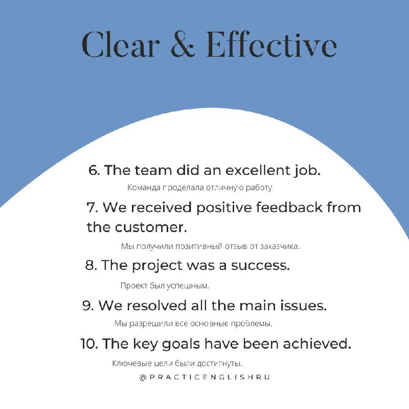 Продолжение слайда «Clear & Effective»: нумерованный список деловых утверждений на английском с русскими переводами под ними.