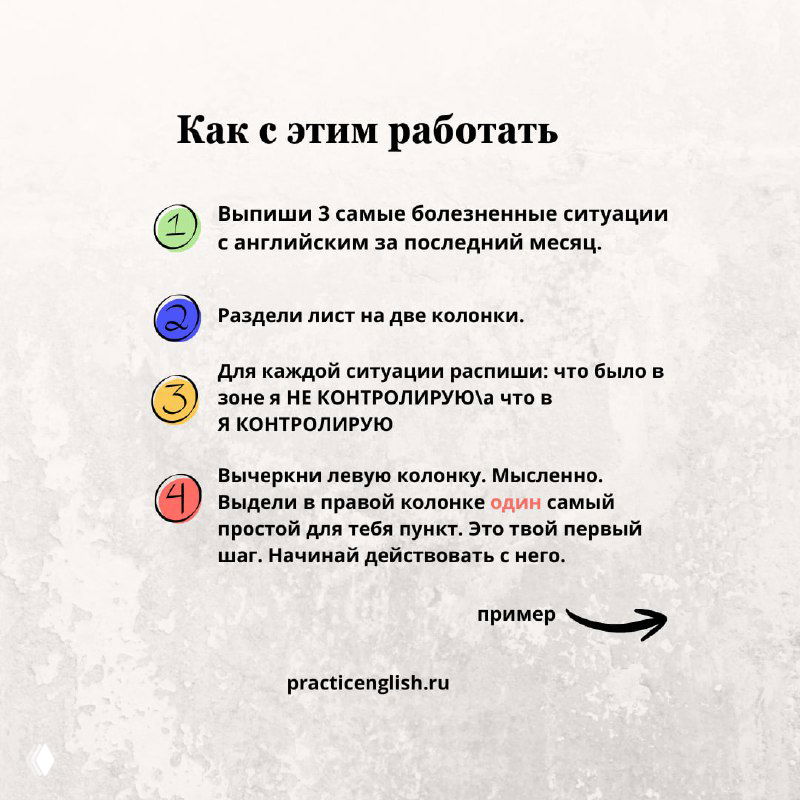 Шаги «Как с этим работать»: нумерованный список действий — выписать ситуации, разделить лист, распределить по колонкам и выбрать первый практический шаг.
