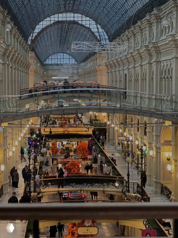 Общий вид многоуровневого торгового пассажa под стеклянным куполом: посетители, витрины, лестницы и элементы оформления торгового центра, снято сверху.