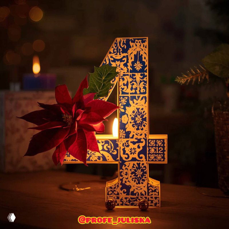 Декоративная свеча в форме цифры «4» с синим орнаментом, рядом пуансеттия и тёплым свечным светом на праздничном фоне