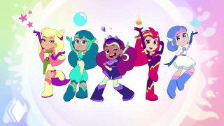 Групповой кадр персонажей анимационного сериала — пять девочек в разноцветных костюмах на светлом пастельном фоне, дружелюбная стилизация и фирменный стиль.