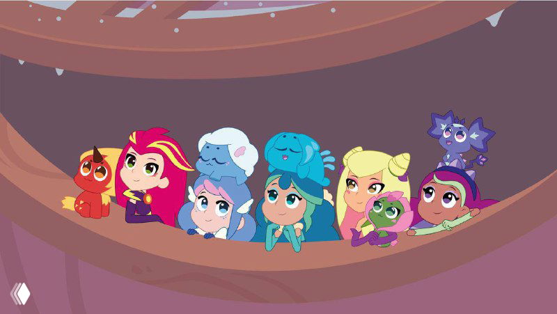 Ансамбль героинь в одном кадре — несколько персонажей с разными прическами и выражениями смотрят в кадр, крупный план группы и композиции.