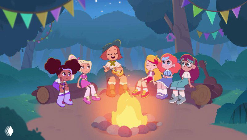 Ночная сцена у костра: персонажи сидят в кругу вокруг огня в лагере, тёплая палитра и уютная атмосфера детской истории и группового взаимодействия.