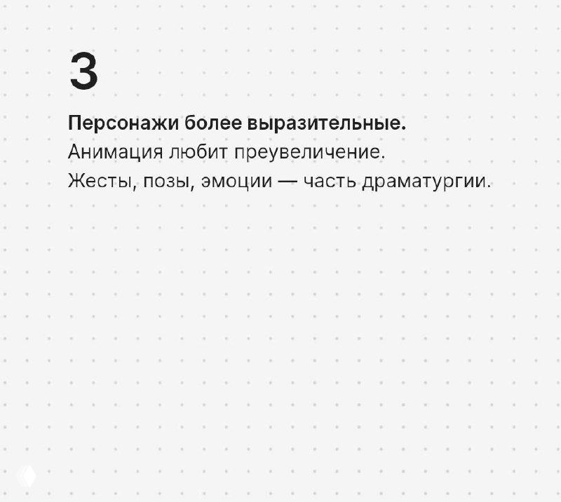 Карточка №3: «Персонажи более выразительные» — текст о преувеличении жестов, поз и эмоций как части драматургии, белый фон с точечной сеткой.