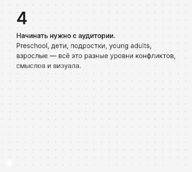 Карточка №4: рекомендация начинать с аудитории (preschool, дети, подростки, young adults) — разный уровень конфликтов и визуала, на белом фоне.