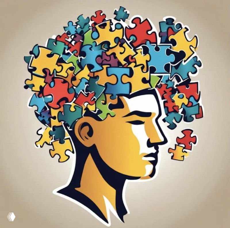 Иллюстрация: профиль человеческой головы, составленной из множества разноцветных пазлов, символ профессионального роста и интеграции навыков психолога.