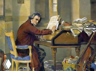 Людвиг ван Бетховен за фортепиано в рабочем кабинете, ноты и рукописи вокруг — визуализация темы компенсации и творчества