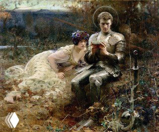 Картина: молодой рыцарь с книгой и женщина в венке сидят рядом на природе; символическая романтическая сцена близости и отстранённости.