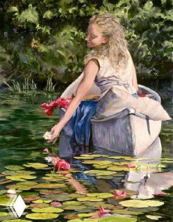 Живописный образ: молодая женщина у пруда опускает цветы на кувшинки, мягкие отражения в воде, пастельные тона.