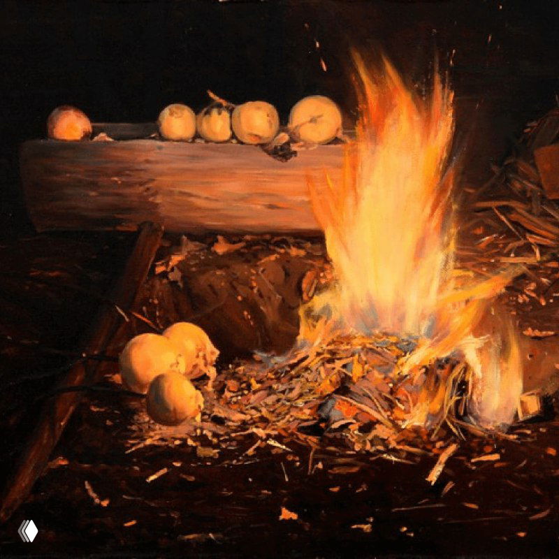 Живописная композиция с ярким пламенем костра у полена и несколькими яблоками рядом — тёплая символическая сцена, ассоциирующаяся с энергией и разрядкой эмоций.