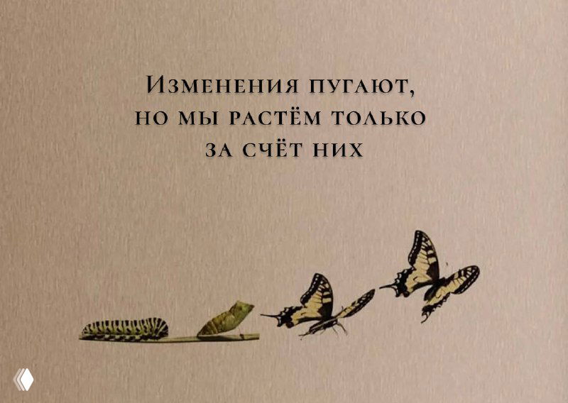 Бежевый фон с цитатой «Изменения пугают, но мы растём только за счёт них» и иллюстрацией: гусеница, кокон и превращающаяся в бабочку сцена как метафора изменений и роста.