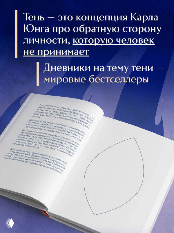 Крупный план разворота книги: текст о тени как концепции Юнга, видна пустая форма "тени" и напоминание о том, что тень — обратная сторона личности.