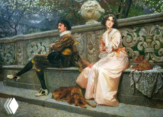 Мужчина и женщина в старинной одежде сидят по-разному на скамье в саду, выглядят отстранённо друг от друга — метафора усталости в отношениях.