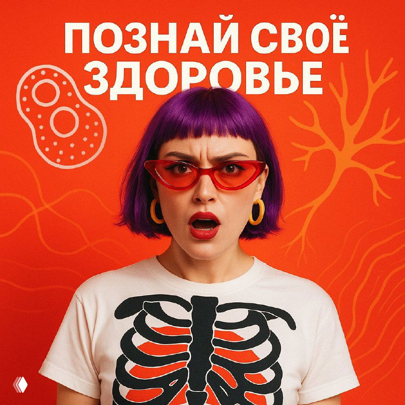 Оранжевый рекламный баннер: женщина с фиолетовой стрижкой и красными очками, футболка с принтом ребер и надписью «ПОЗНАЙ СВОЁ ЗДОРОВЬЕ», контекст о здоровье.