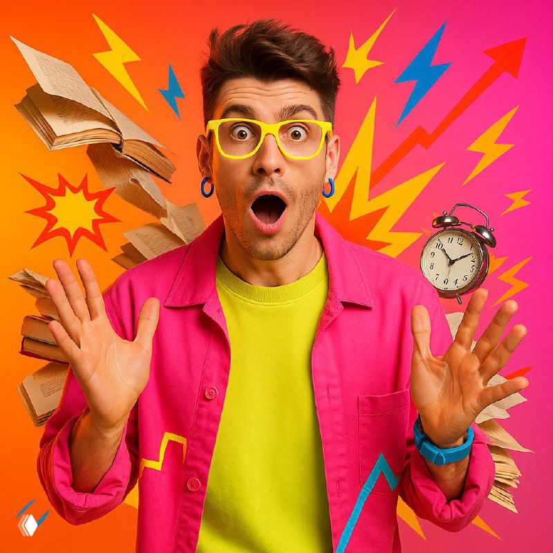 Яркая иллюстрация: удивлённый молодой человек в неоновой одежде и жёлтых очках, вокруг летят страницы и будильник — образ внутреннего стресса и спешки.