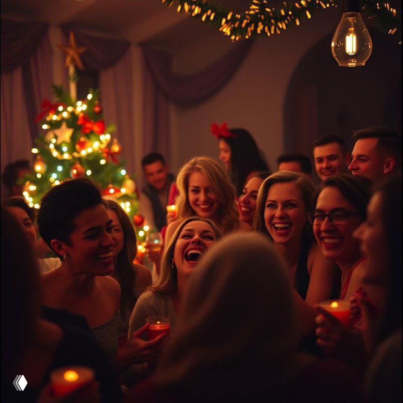 Новогодняя вечеринка в домашней обстановке: гости смеются и общаются у украшенной ёлки при тёплом освещении, праздничная атмосфера и улыбки.