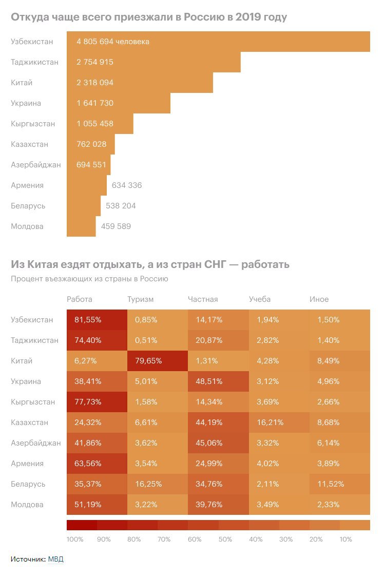 Инфографика: горизонтальная столбчатая диаграмма и тепловая таблица, показывающие число приезжих в Россию по странам и распределение по целям визитов в 2019 году