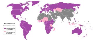 Карта мира с выделенными странами, где преобладает христианство; оттенки показывают долю христианского населения по странам (2010)